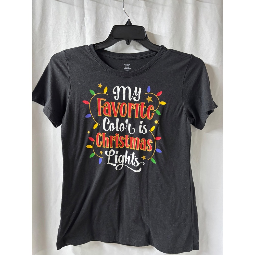 Holiday Time Womens‎ Christmas Lights Graphic Tee Black Short Sleeve Small 4-6